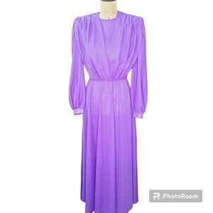 Vintage 90s Purple Chiffon Gathered Long Semi Sheer Sleeve Maxi Dress